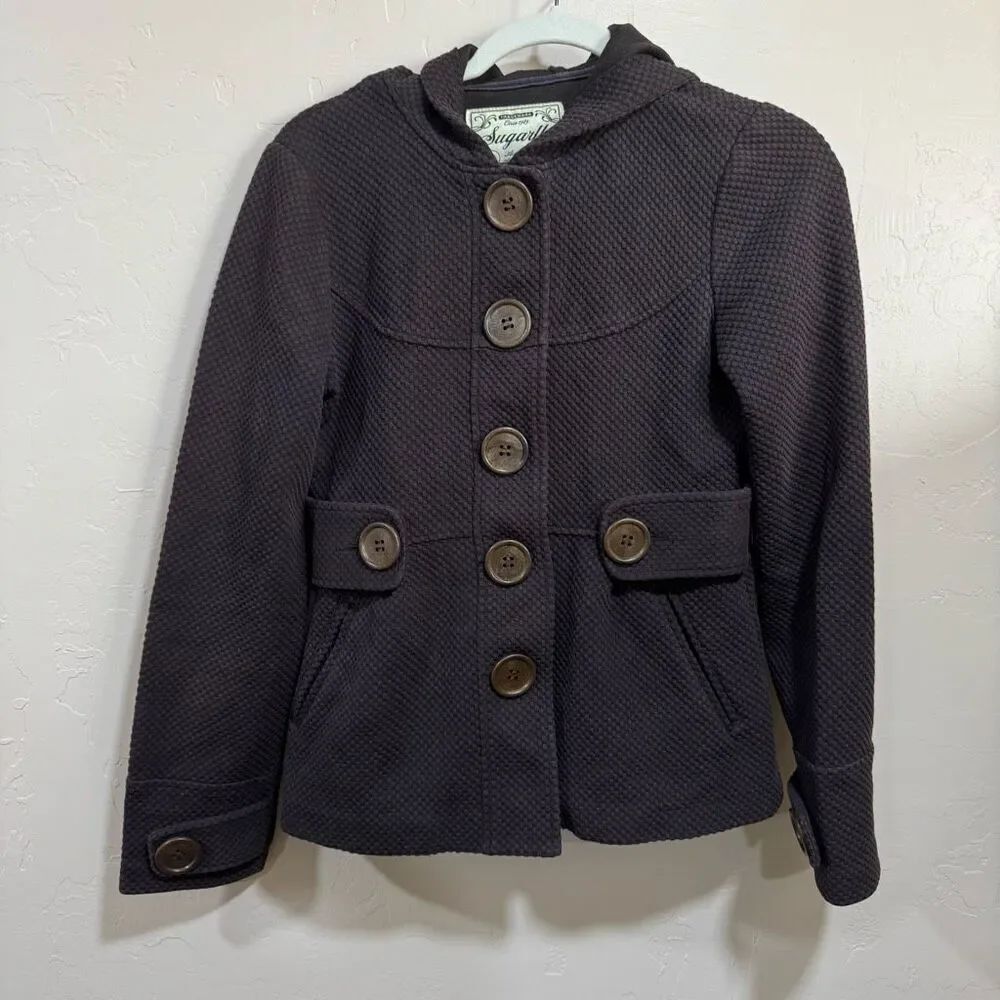 Sugarfly Pea Coat Woman’s Jacket Size M With Hood Waffle Knit Dark Purple